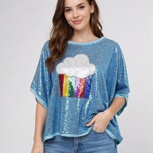 ✨ Fantastic Fawn Blue Sequin Rainbow Cupcake Oversized Top | NWT | Fits up to 2X
